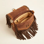 Interior lining and pockets of Brown fringed suede sling bag