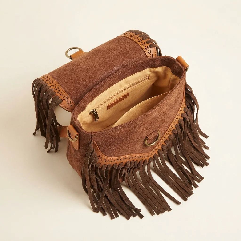Interior lining and pockets of Brown fringed suede sling bag