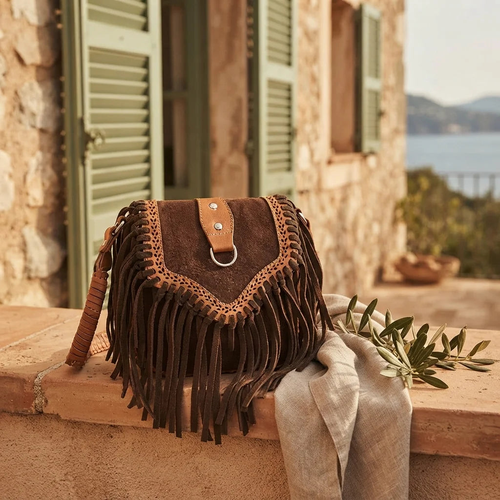 Brown fringed suede sling bag styled in a warm Mediterranean setting
