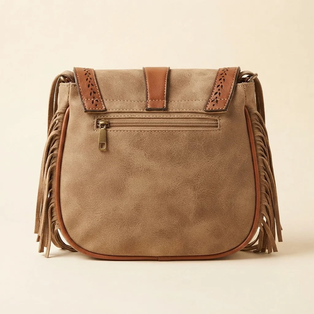 Back panel of Camel fringed suede sling bag with strap attachments