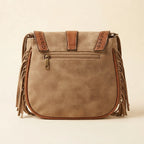 Back panel of Camel fringed suede sling bag with strap attachments