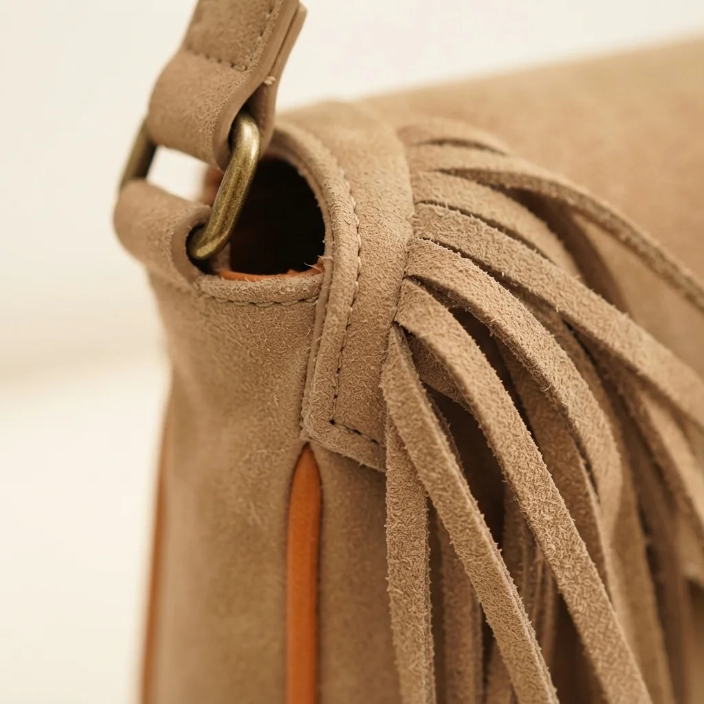 Close-up of fringe stitching and texture on Camel fringed suede sling bag
