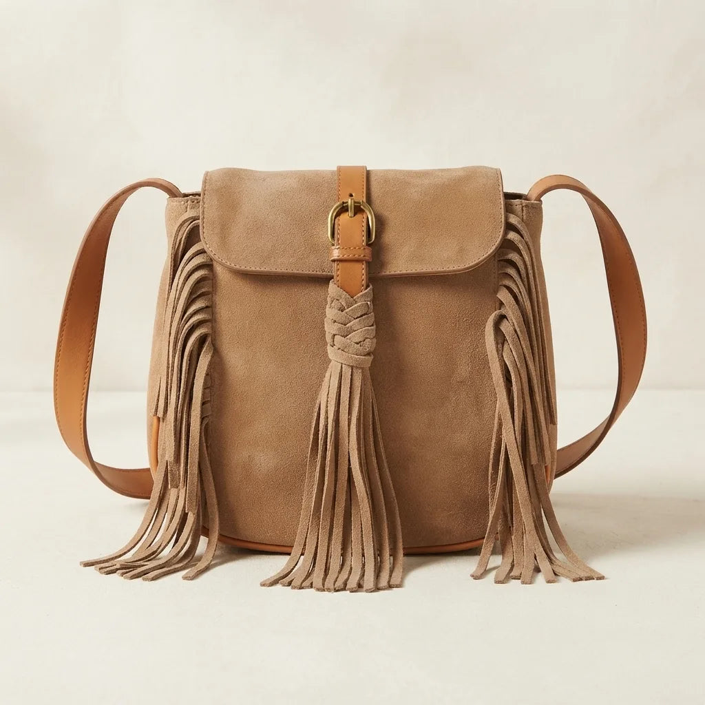 Camel fringed suede sling bag, front view