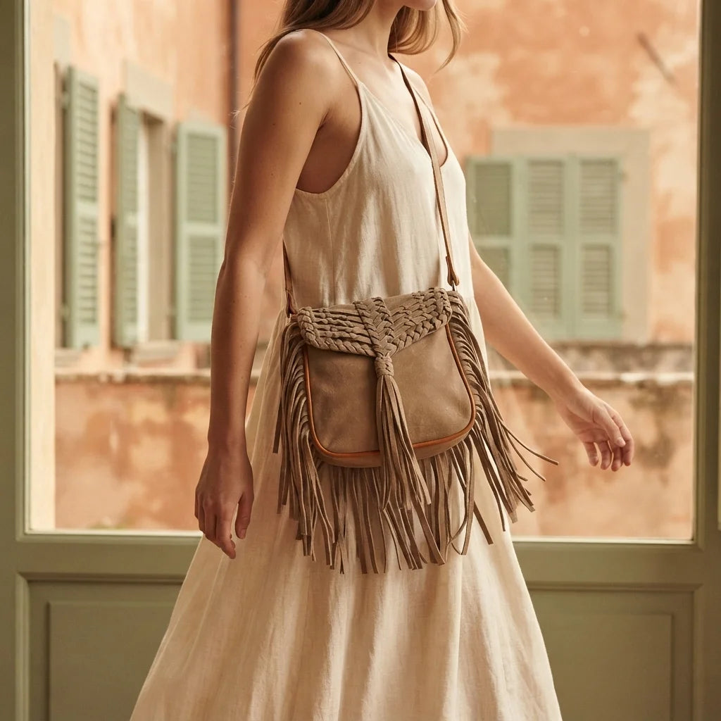 Woman wearing Camel fringed suede sling bag with swaying fringe