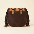 Back panel of Dark Brown fringed suede sling bag with strap attachments