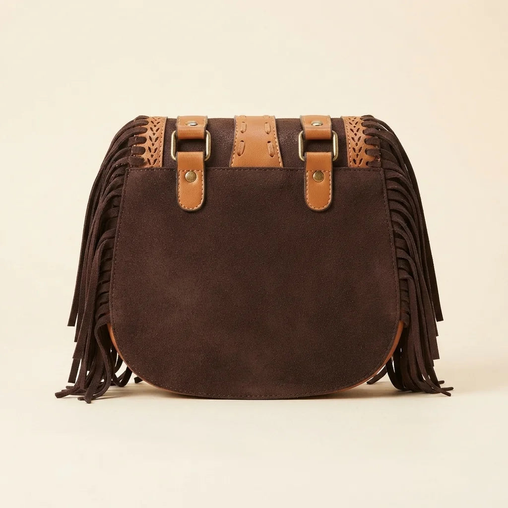 Back panel of Dark Brown fringed suede sling bag with strap attachments