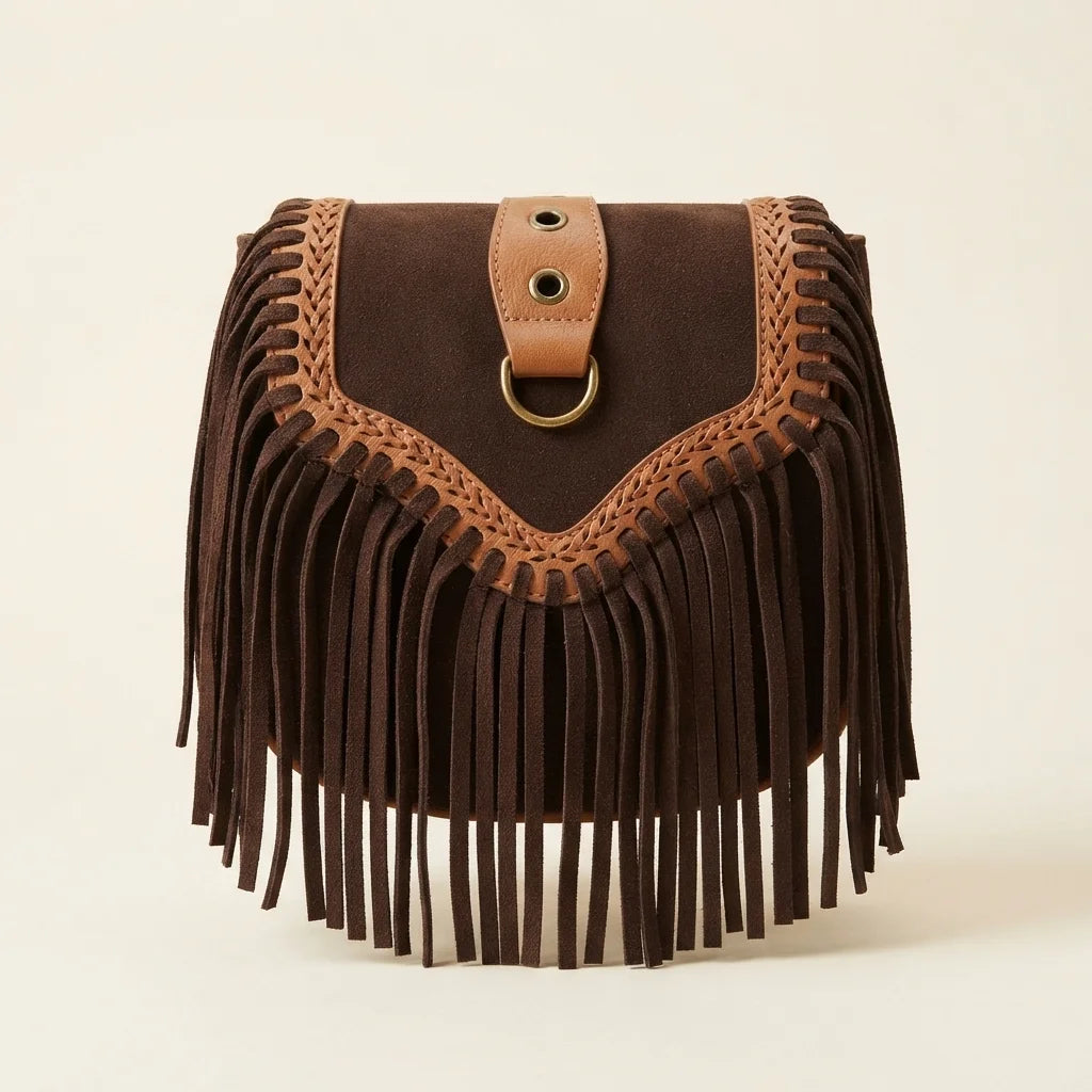 Dark Brown fringed suede sling bag, front view
