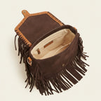 Interior lining and pockets of Dark Brown fringed suede sling bag