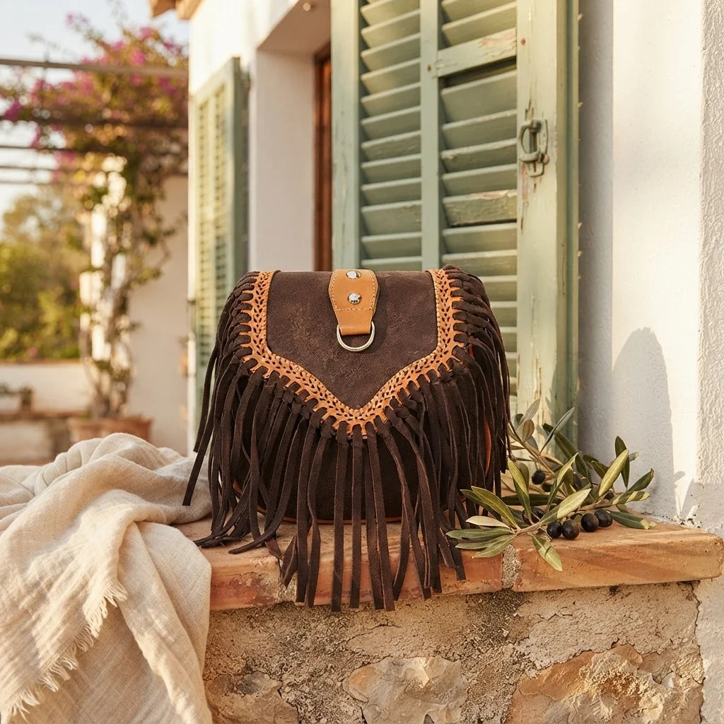 Dark Brown fringed suede sling bag styled in a warm Mediterranean setting