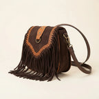 Dark Brown fringed suede sling bag, three-quarter angle showing side depth