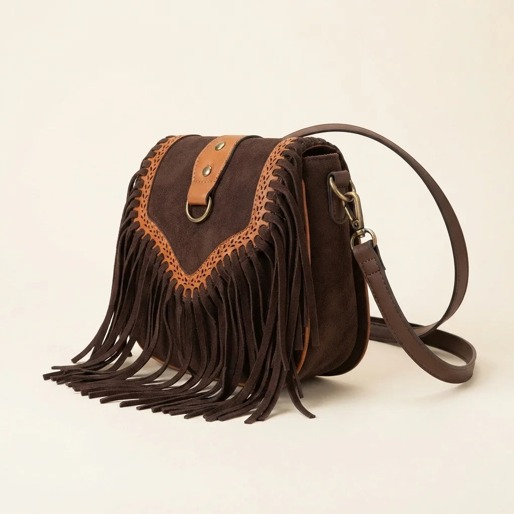 Dark Brown fringed suede sling bag, three-quarter angle showing side depth