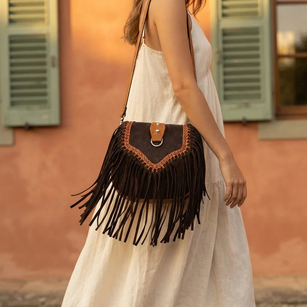 Woman wearing Dark Brown fringed suede sling bag with swaying fringe