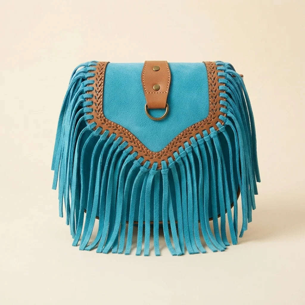 Turquoise fringed suede sling bag, front view