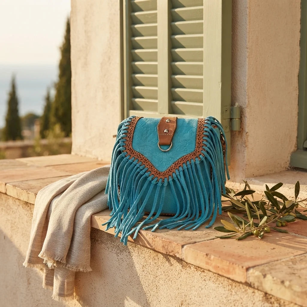 Turquoise fringed suede sling bag styled in a warm Mediterranean setting
