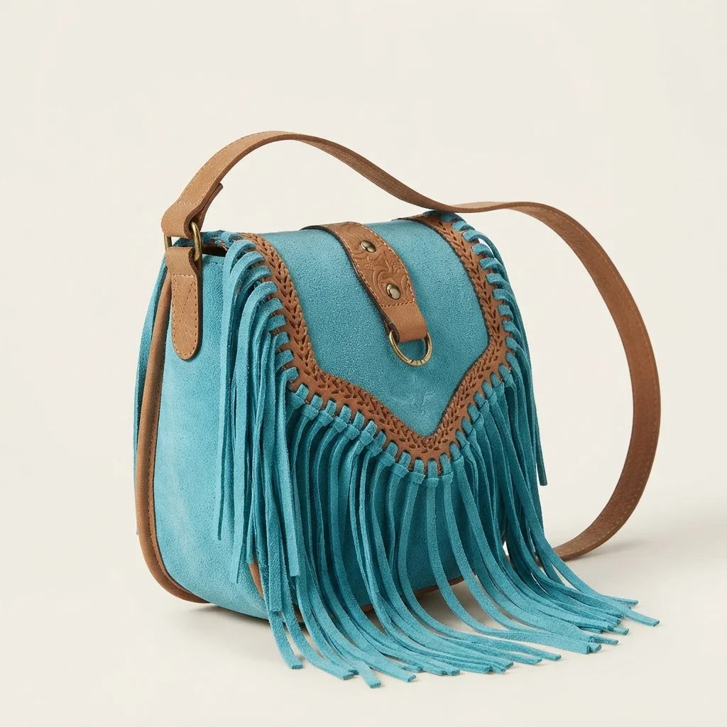 Turquoise fringed suede sling bag, three-quarter angle showing side depth