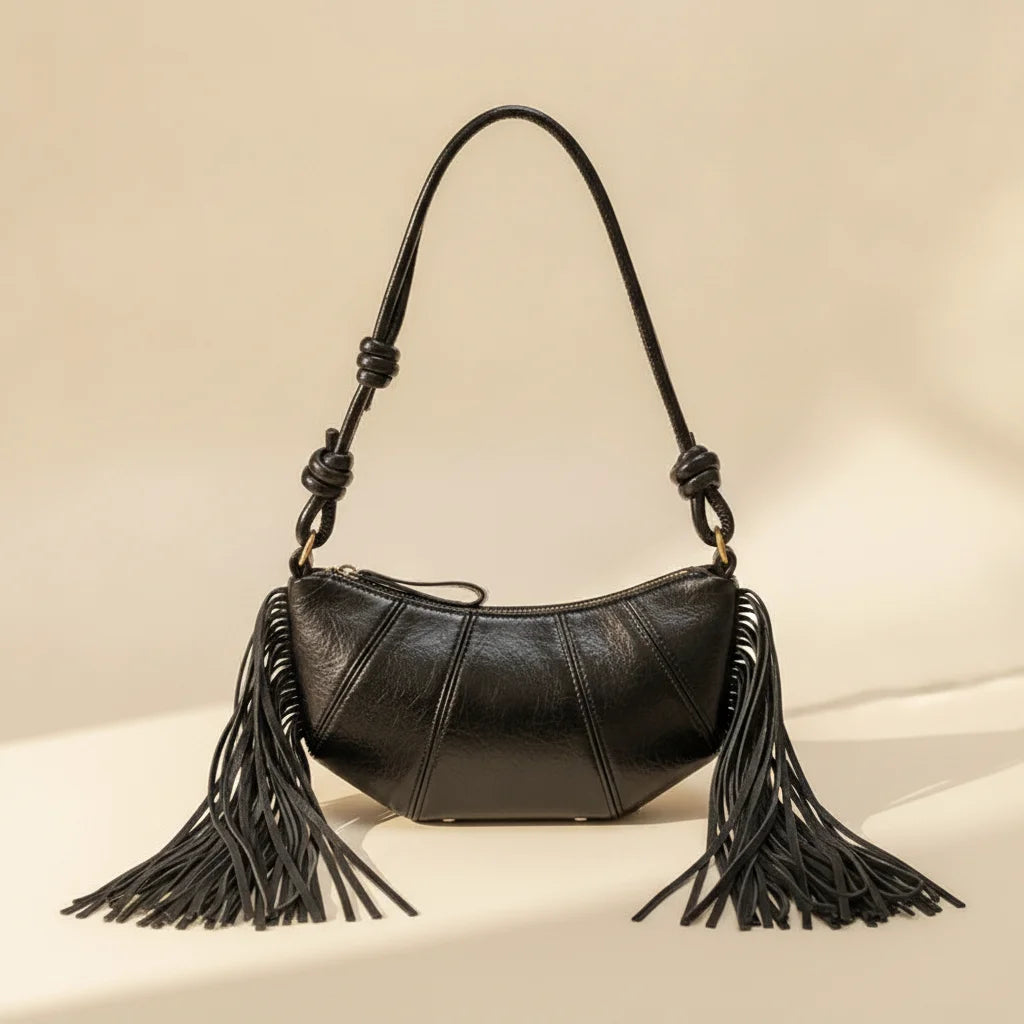 Back panel of Black genuine leather fringe bag with strap attachments