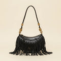 Black genuine leather fringe bag, front view