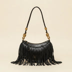 Black genuine leather fringe bag, front view