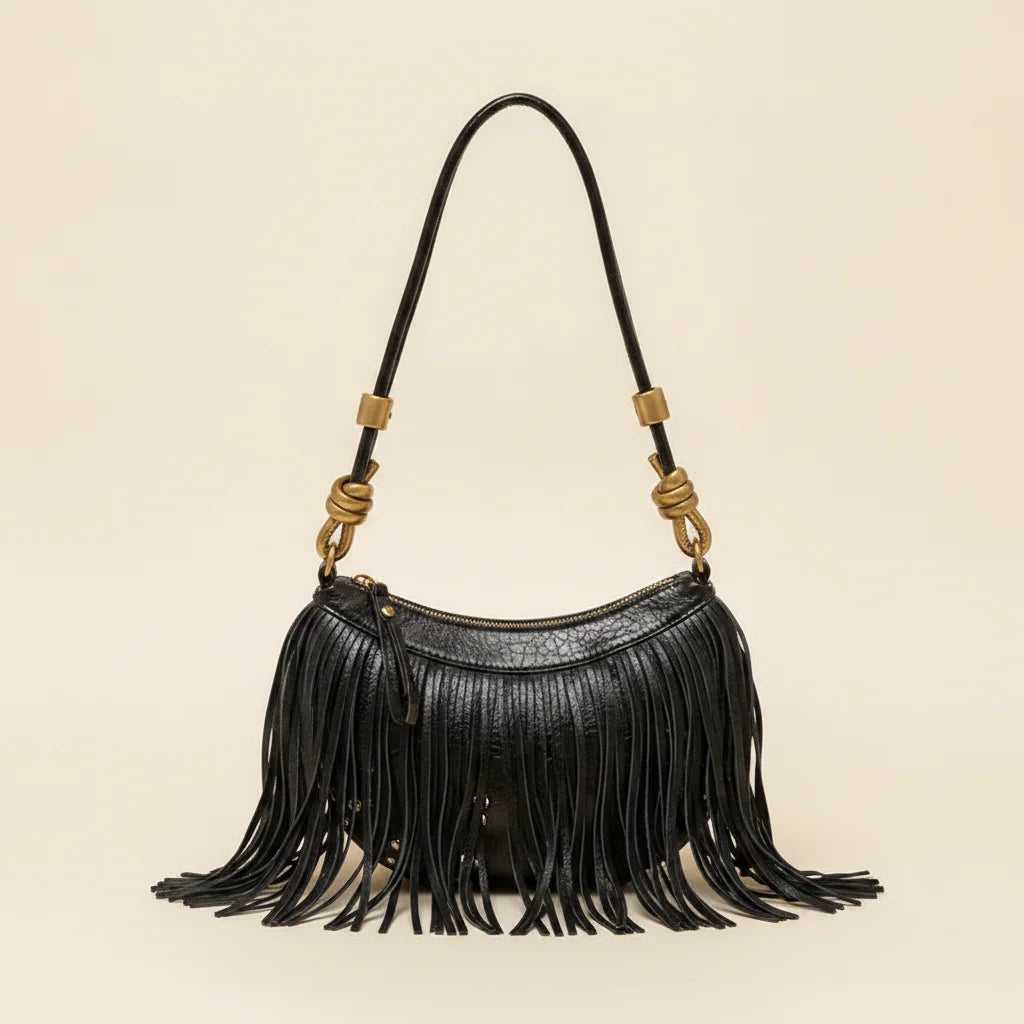 Black genuine leather fringe bag, front view