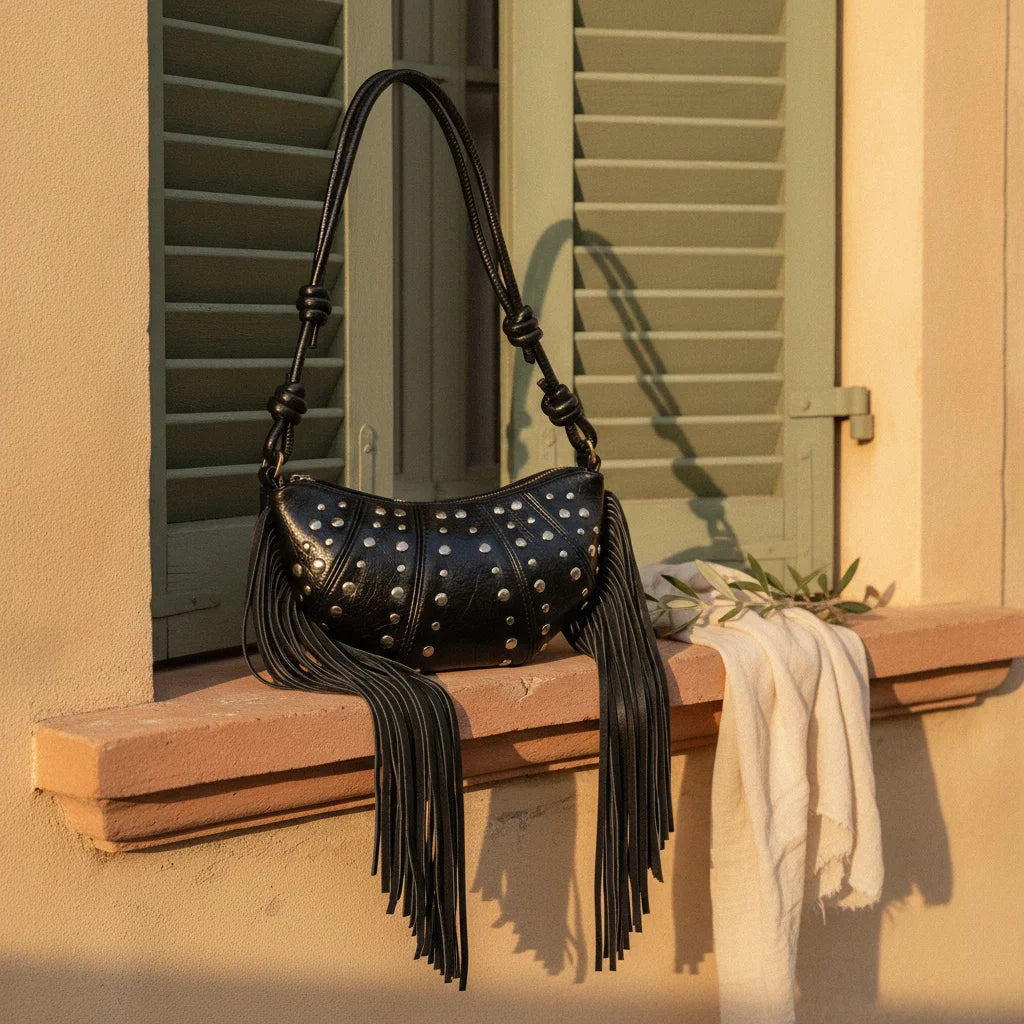 Black genuine leather fringe bag styled in a warm Mediterranean setting