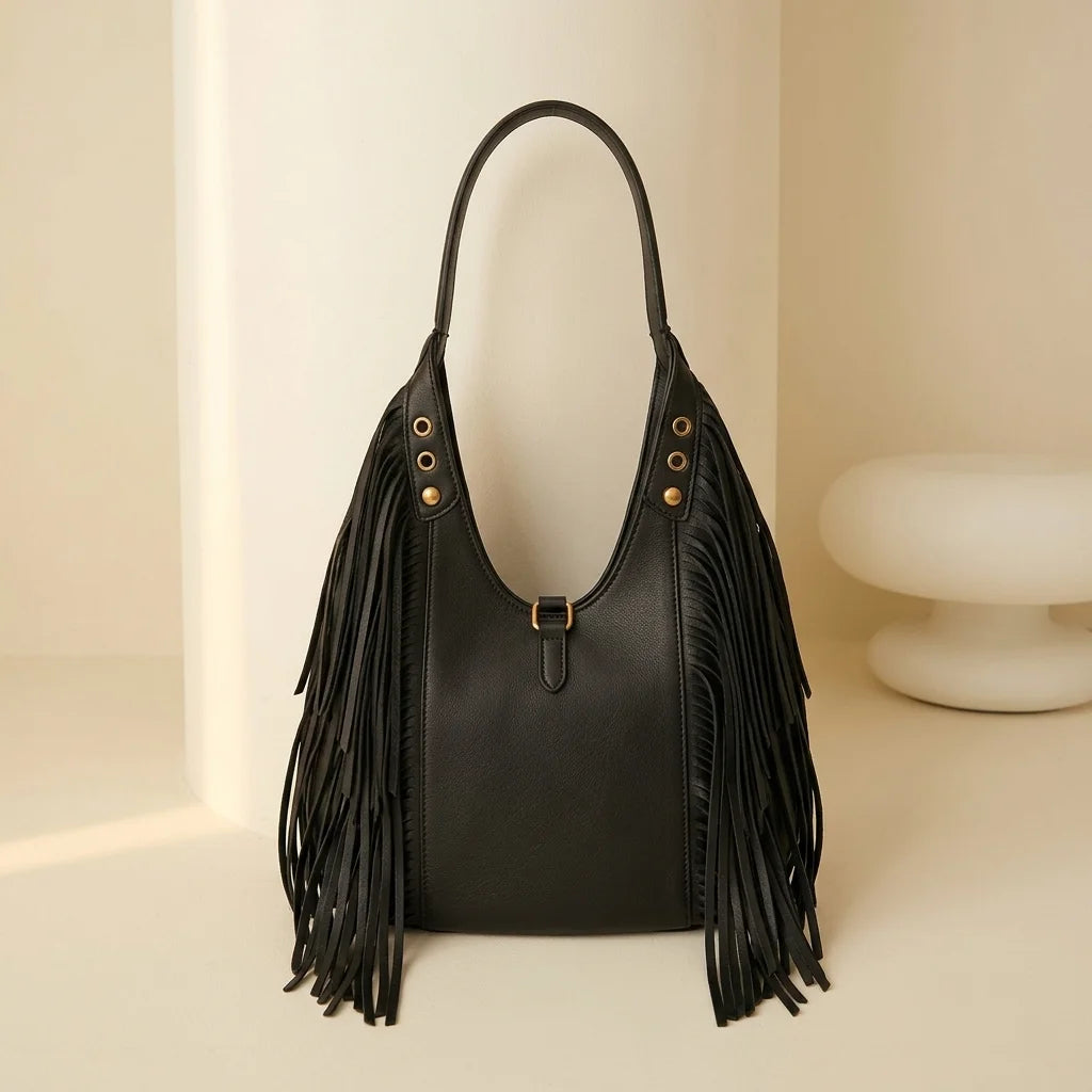 Back panel of Black genuine leather fringe hobo bag with strap attachments