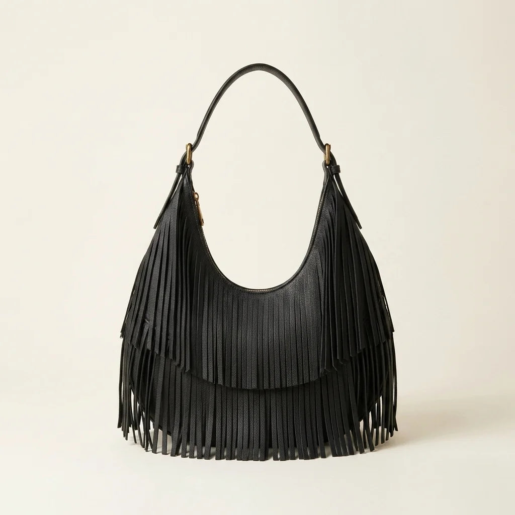 Black genuine leather fringe hobo bag, front view