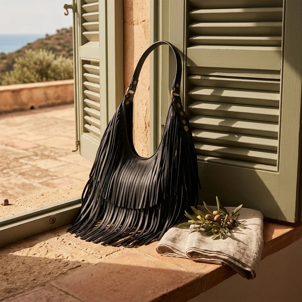 Black genuine leather fringe hobo bag styled in a warm Mediterranean setting