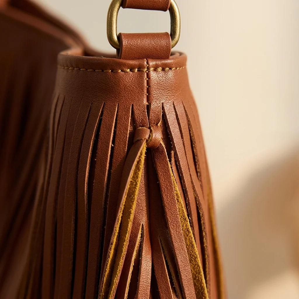 Close-up of fringe stitching and texture on Brown genuine leather fringe hobo bag