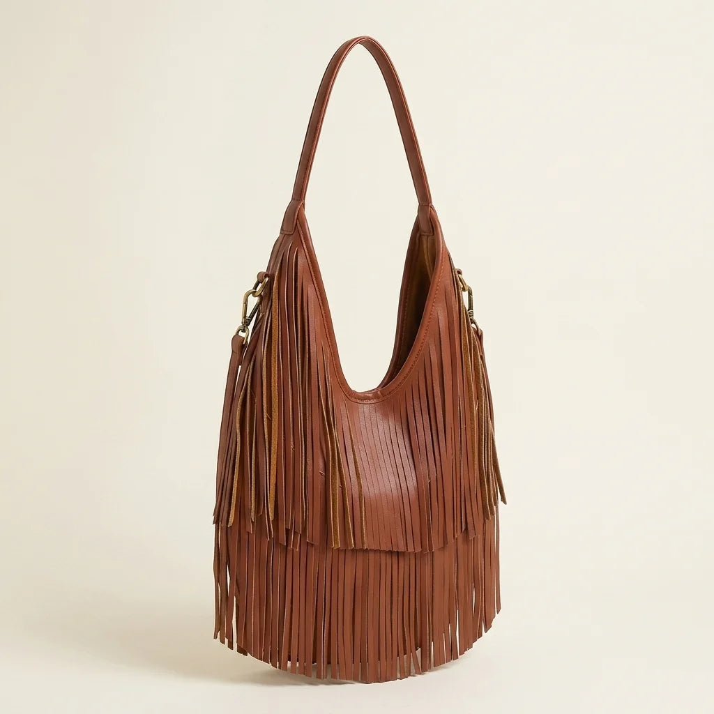 Brown genuine leather fringe hobo bag, three-quarter angle showing side depth