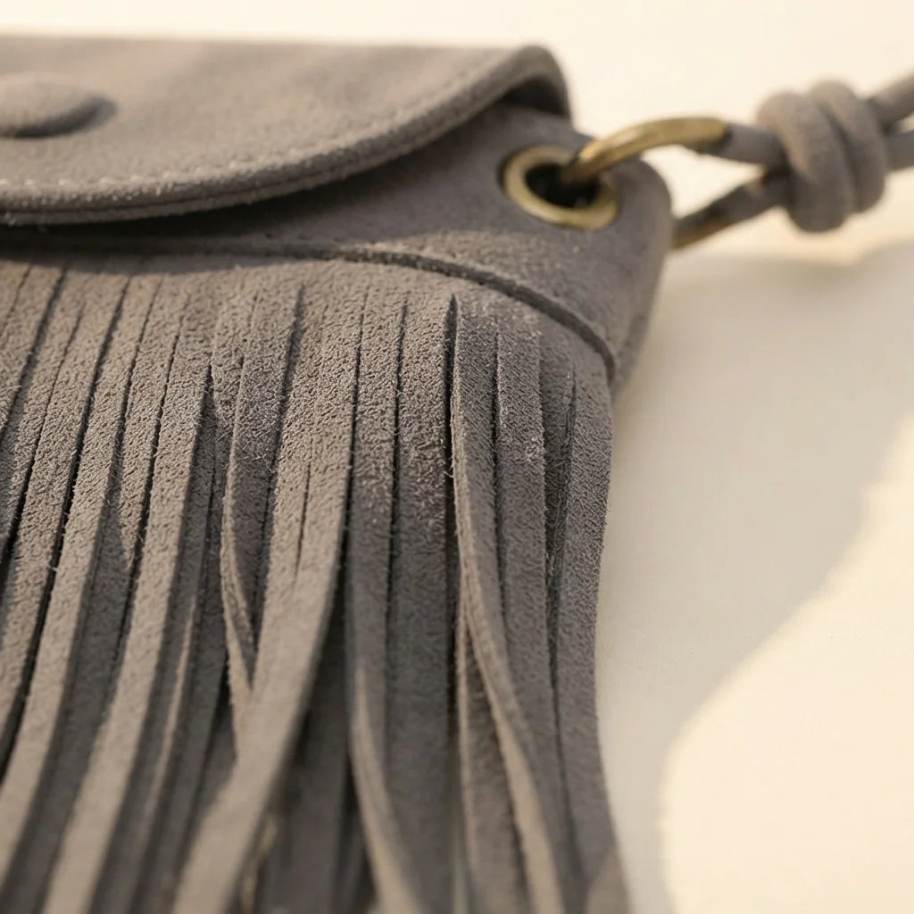 Close-up of fringe stitching and texture on Grey gray crossbody bag fringe