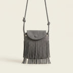 Grey gray crossbody bag fringe, front view