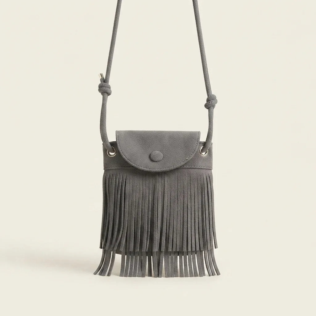Grey gray crossbody bag fringe, front view