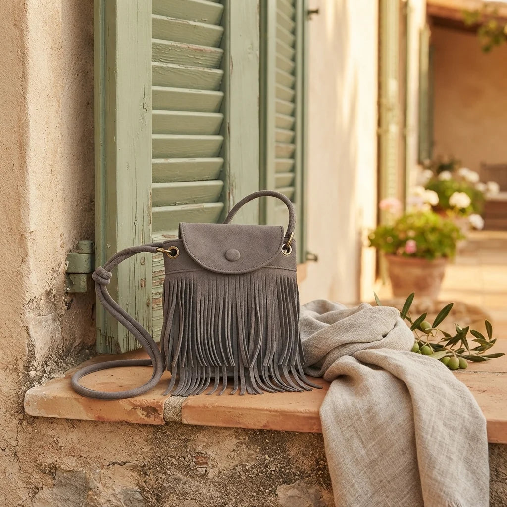 Grey gray crossbody bag fringe styled in a warm Mediterranean setting