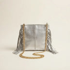 Back panel of Silver gray fringe satchel bag with strap attachments