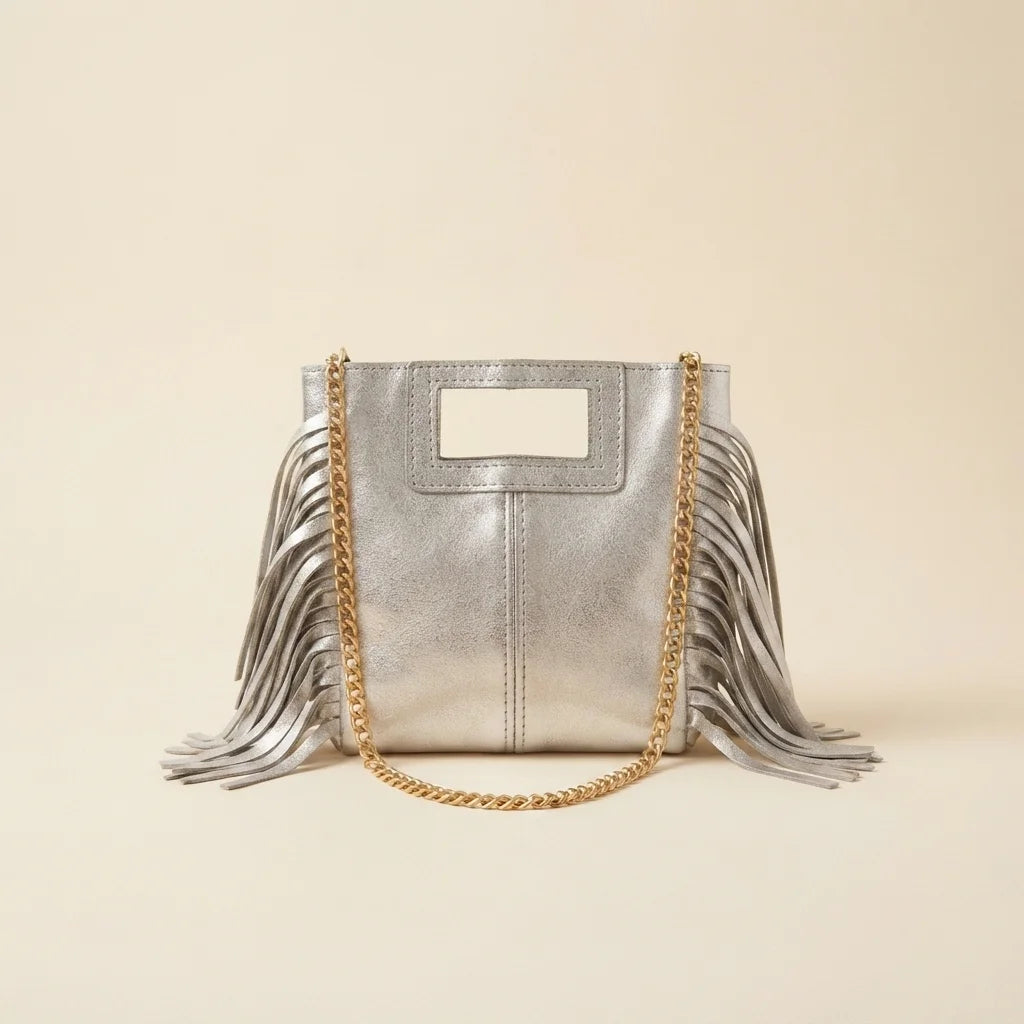 Silver gray fringe satchel bag, front view