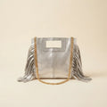 Silver gray fringe satchel bag, front view