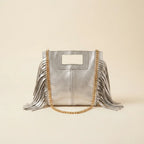 Silver gray fringe satchel bag, front view
