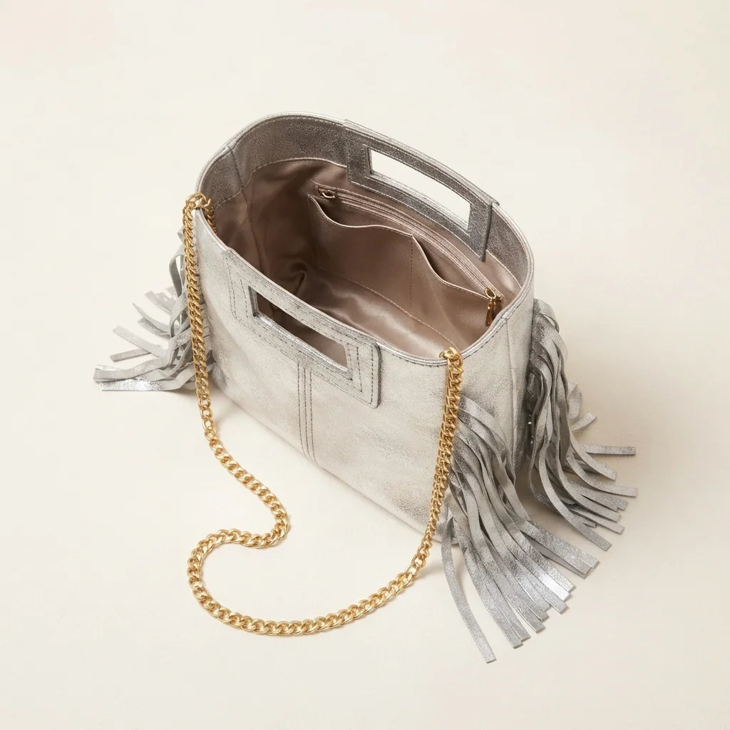 Interior lining and pockets of Silver gray fringe satchel bag