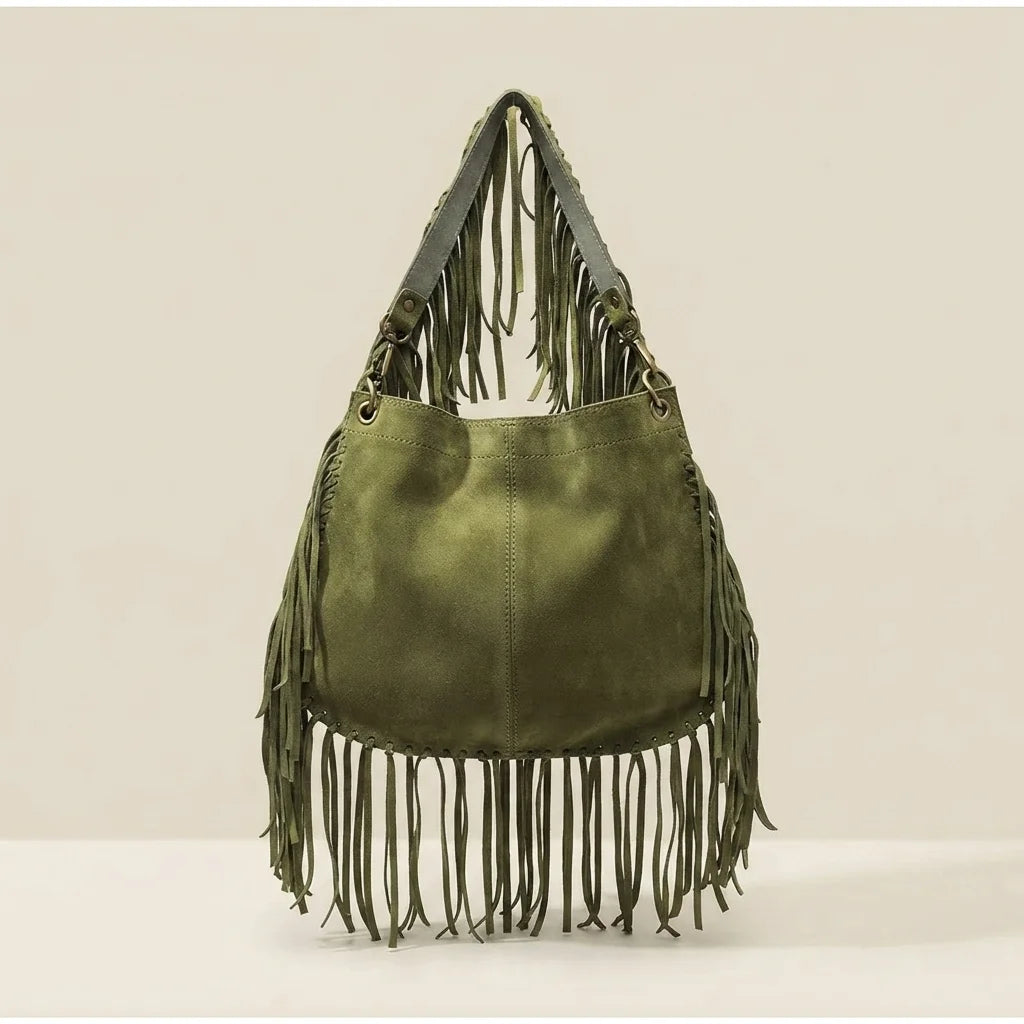 Back panel of Green green fringe bag with strap attachments