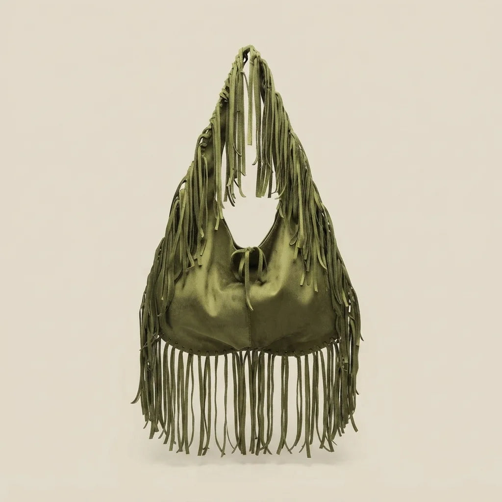 Green green fringe bag, front view