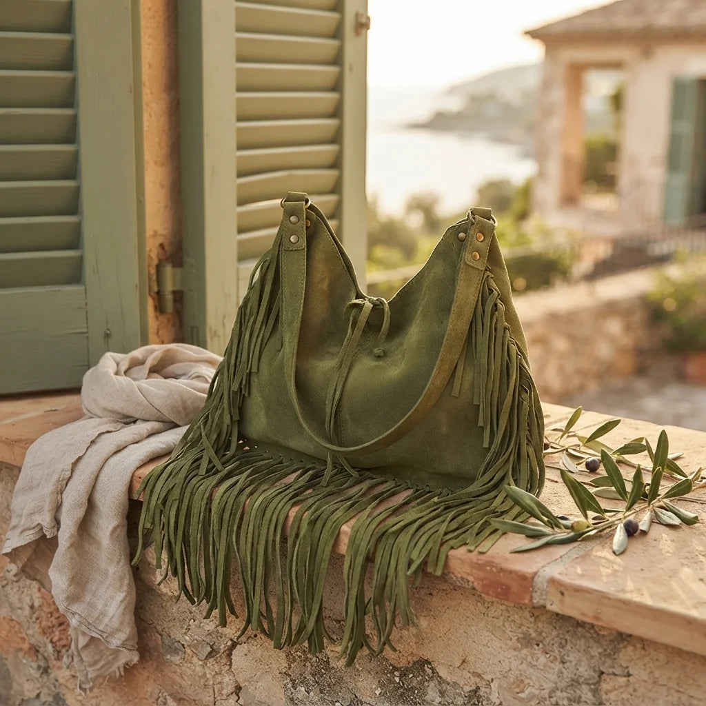 Green green fringe bag styled in a warm Mediterranean setting