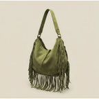 Green green fringe bag, three-quarter angle showing side depth