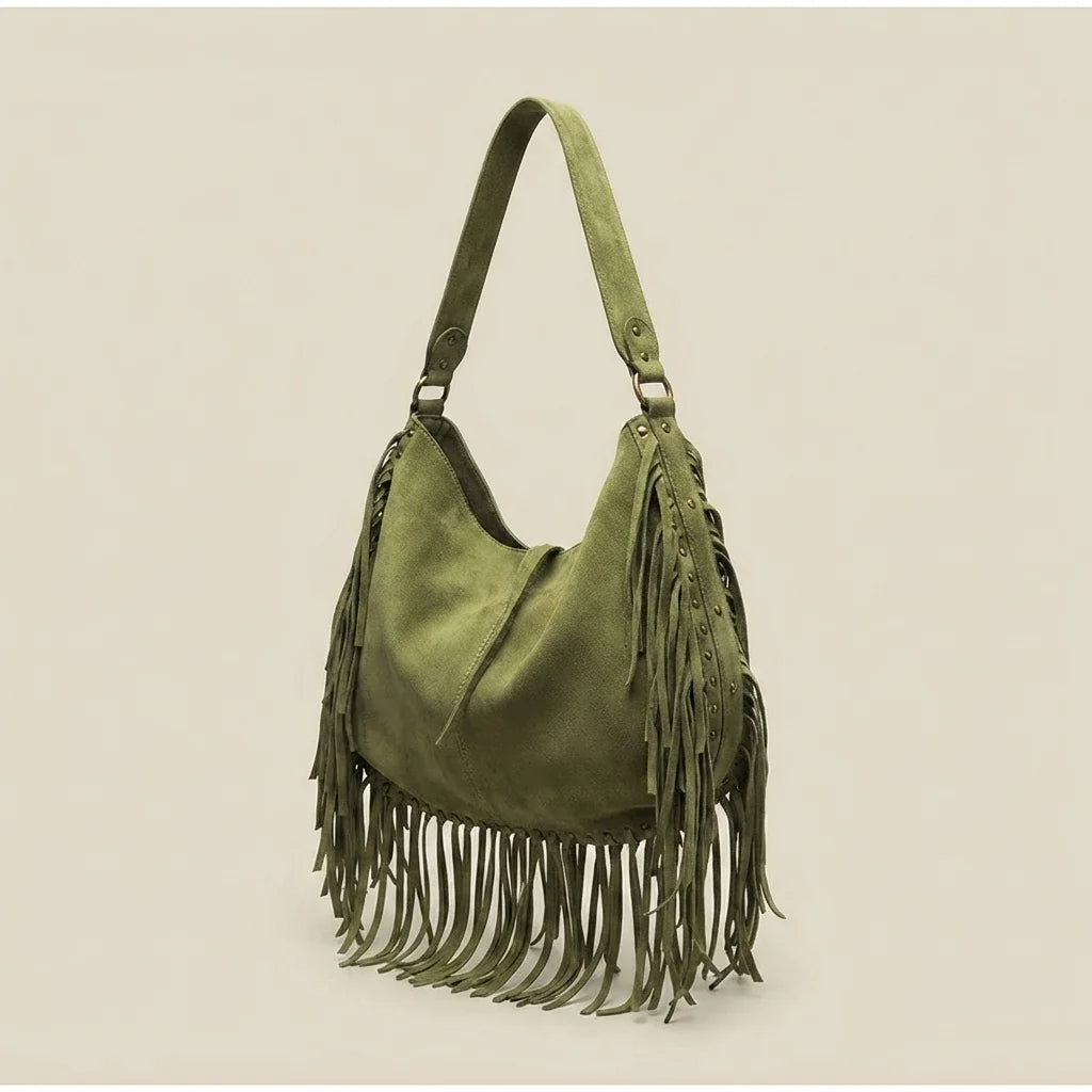 Green green fringe bag, three-quarter angle showing side depth