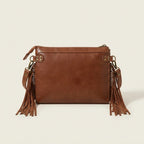 Back panel of Coffee handcrafted leather fringe crossbody bag with strap attachments