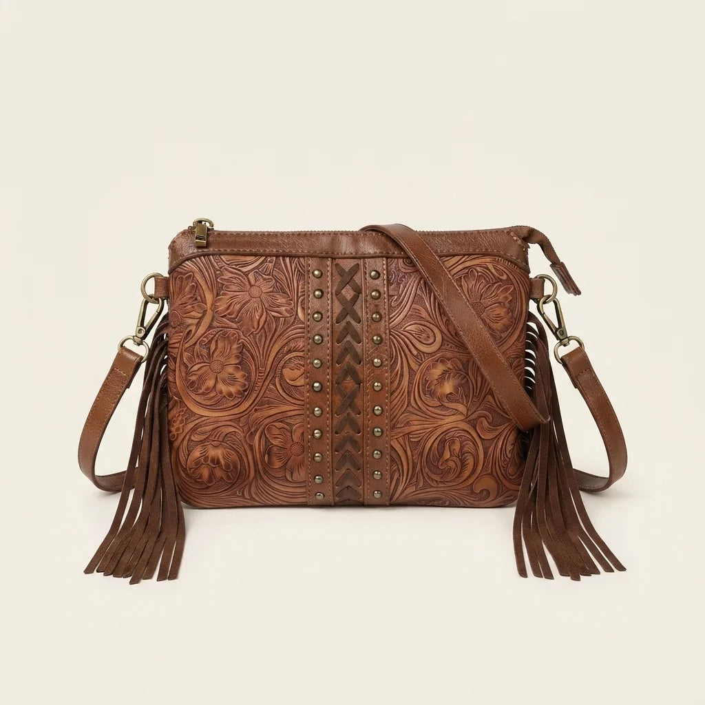 Coffee handcrafted leather fringe crossbody bag, front view