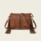 Coffee handcrafted leather fringe crossbody bag, front view