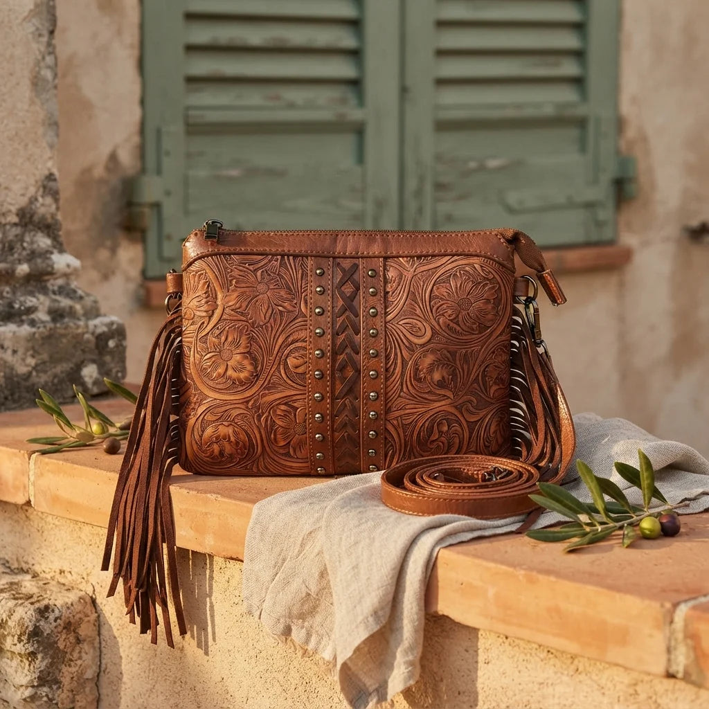 Coffee handcrafted leather fringe crossbody bag styled in a warm Mediterranean setting