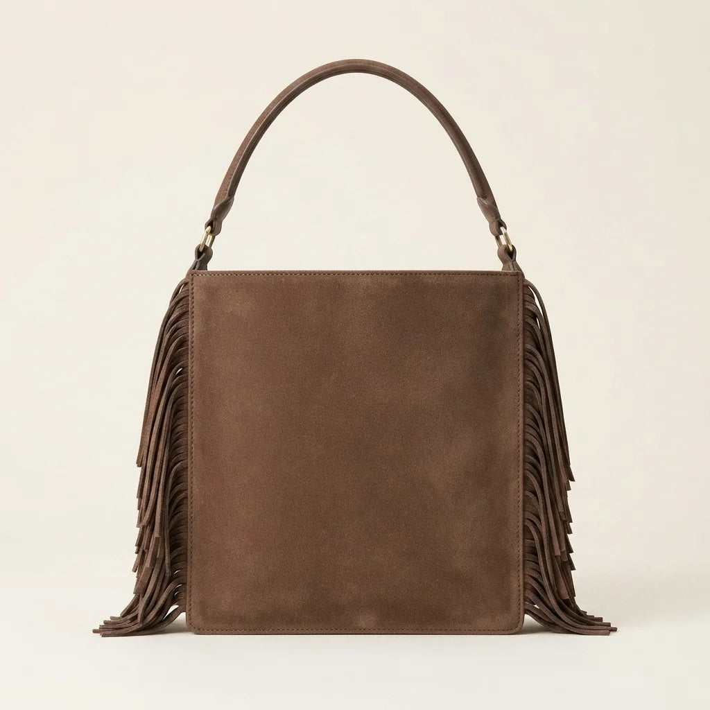 Back panel of Coffee hippie fringe bag with strap attachments