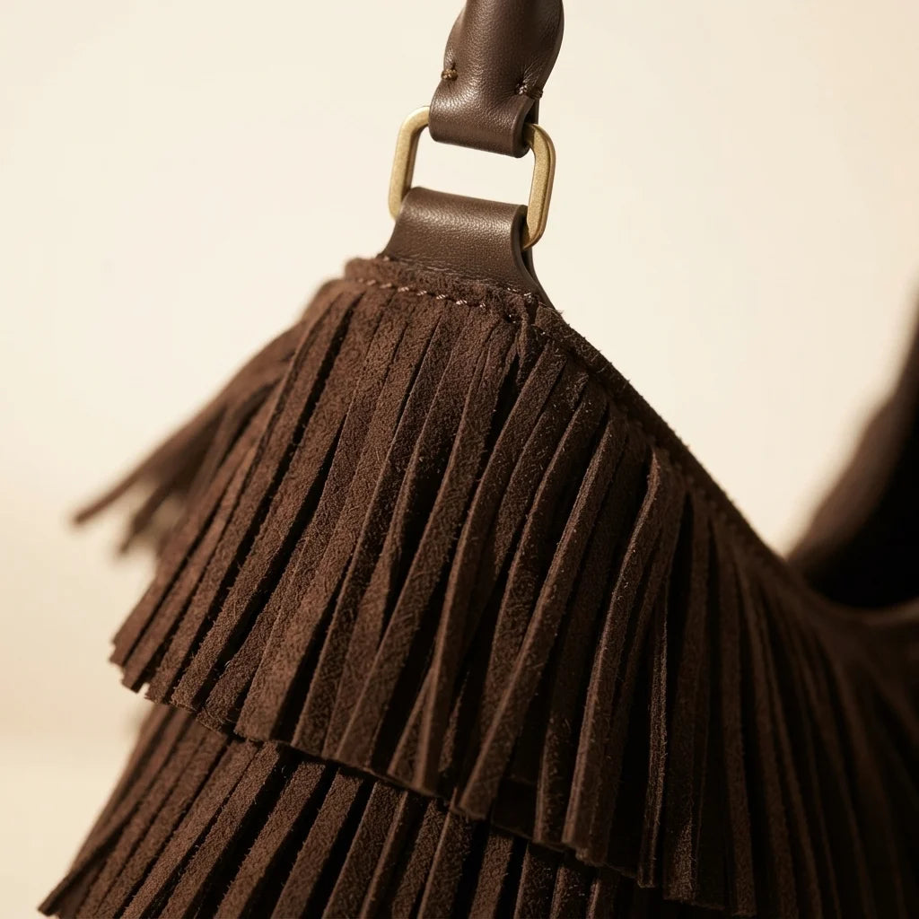 Close-up of fringe stitching and texture on Coffee hippie fringe bag