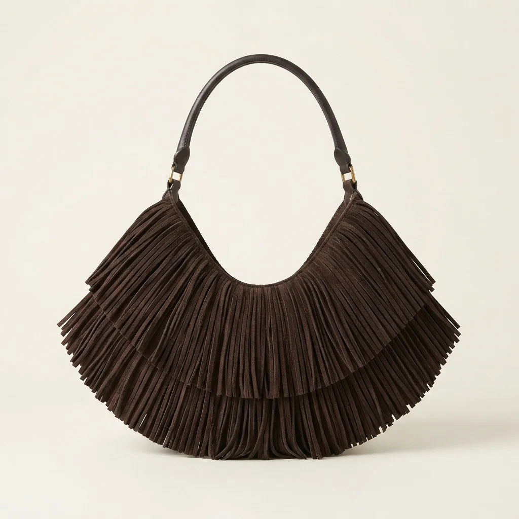 Coffee hippie fringe bag, front view